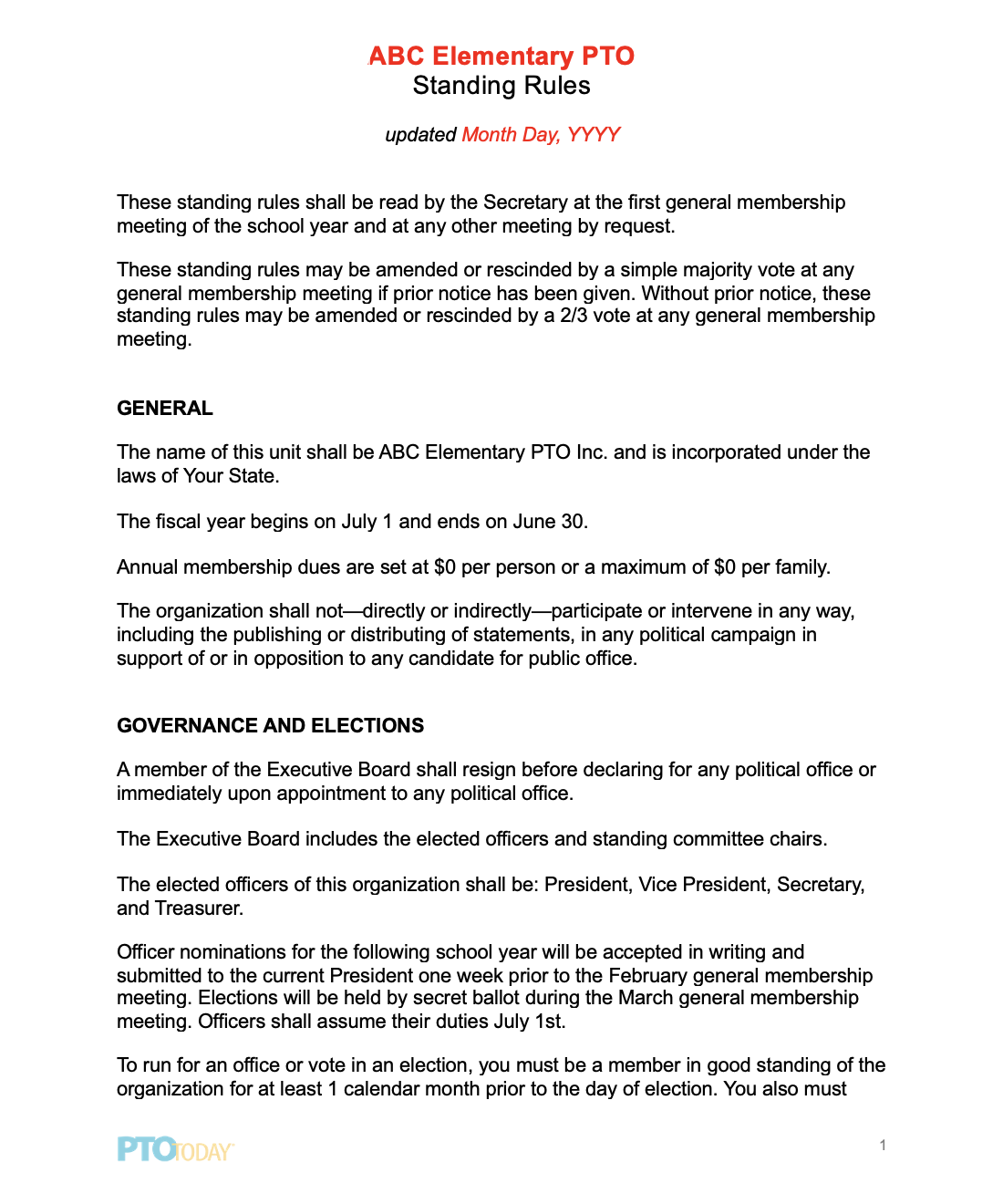 PTO Today: Standing Rules Template